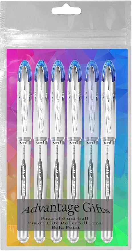 Vision Elite Rollerball Pens, Bold Point (0.8mm), Blue Ink, 6 count, Bundle with Plastic Reusable Pouch