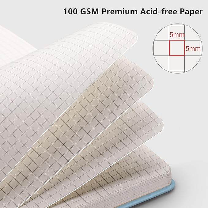 RETTACY Graph Grid Paper Notebook, 192 Pages, A5 Medium Size (5.7'' x 8.3''), 5 Squares per Inch, Leather Hardcover, 100 GSM Thick Paper, for School, Students, Math, Engineering (Light Blue)