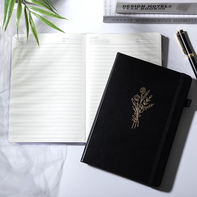 Lined Journal Notebook for Women Cute Leather Journals for Writing Aesthetic Floral Diary 192 Pages A5 Hardcover Journaling Notebooks with Pen Loop, 5.7 x 8.3 In, Black