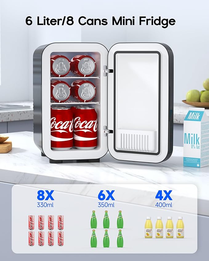 Mini Fridge,6 Liter / 8 Can Small Fridge for Bedroom, Car, Office & Dorm, 110V AC/DC Portable Thermoelectric Cooler & Warmer for Skincare, Food, Drinks,Black