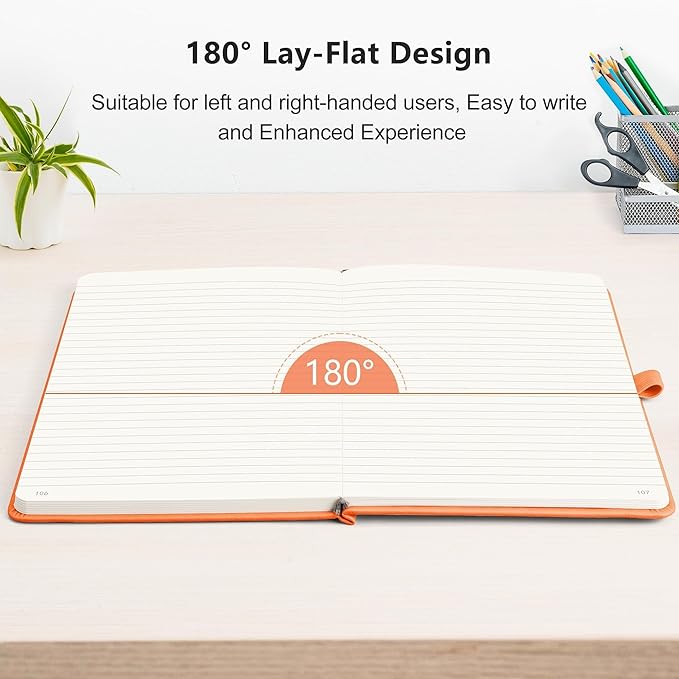 RETTACY Lined Journal Notebook, 192 Numbered Pages, A5 Medium Size (5.7'' x 8.3''), for Men & Women, Journaling, Writing, Work & Office, Leather Hardcover, 100 GSM Thick Paper (Orange)