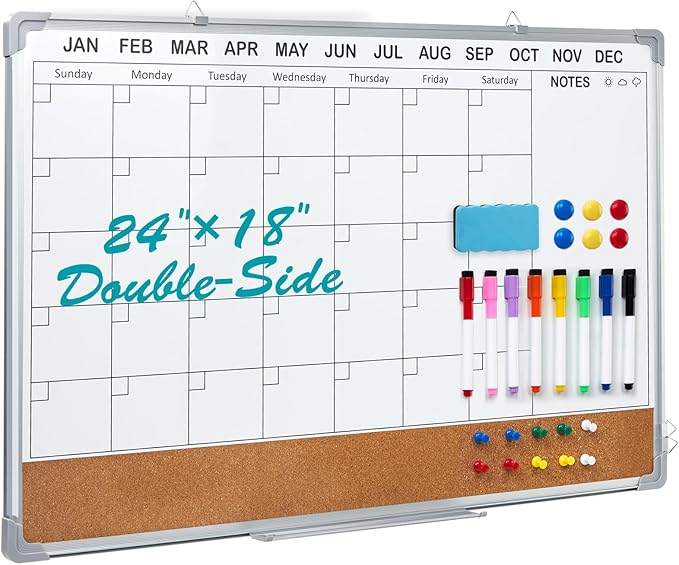 Calendar Whiteboard for Wall,24" x 18" White Board Calendar Dry Erase with Silver Aluminum Frame,Double Side Wall Hanging Board for Office,Home,Kitchen