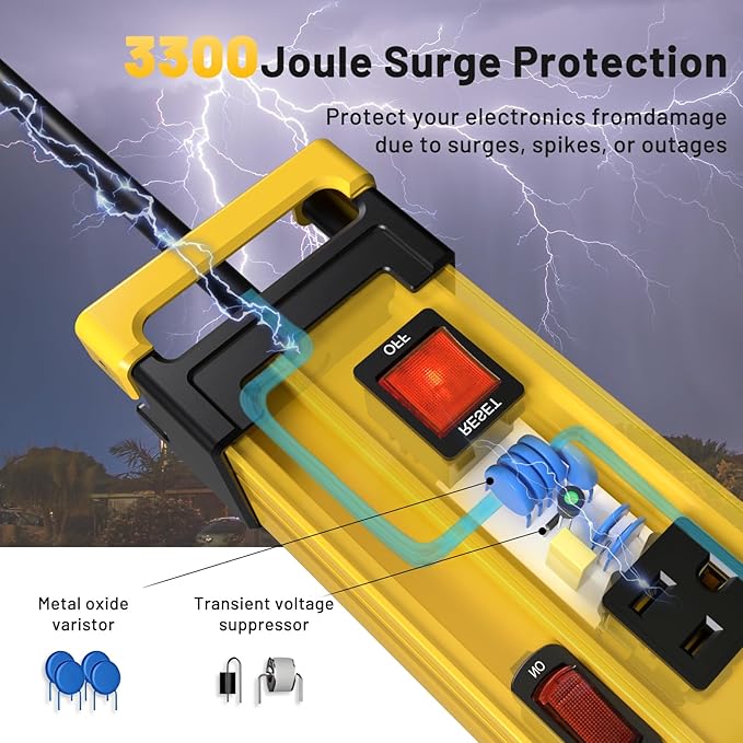Plug'n 12 Outlet 13 Individual Switches,3300J Surge Protector Power Strip,9FT/14AWG/15AMP/1875W Power Cord,Heavy Duty Metal Power Strip with Cord Manager for Workshop,Garage,Shop