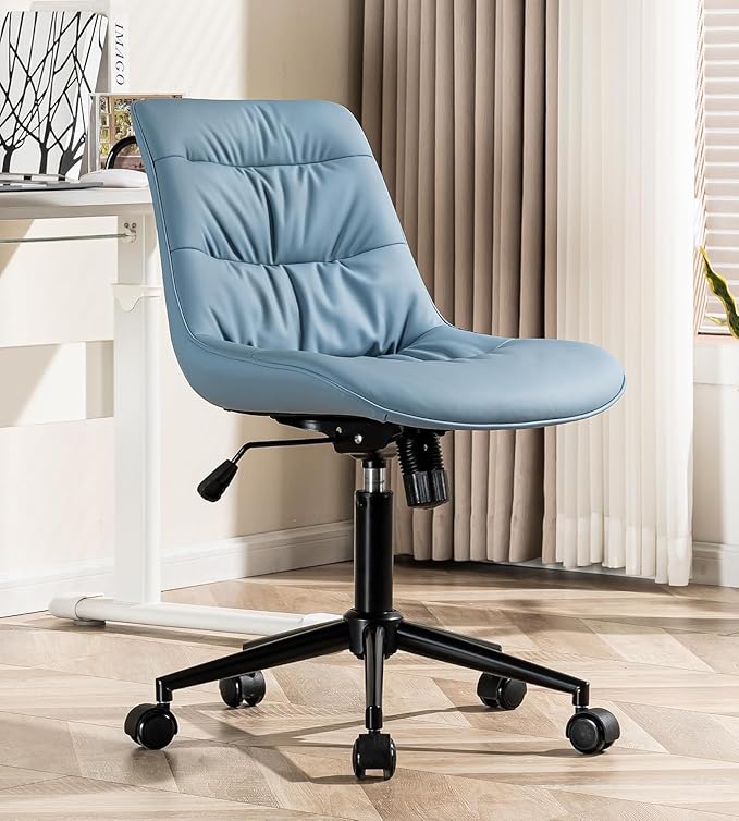 Kidol & Shellder Faux Leather Office Chair, Adjustable Swivel Height Task Chair, Rolling Wheels & Soft Backrest - Armless Ergonomic Desk Chair for Home, Office,Vanity,Gaming（Blue）