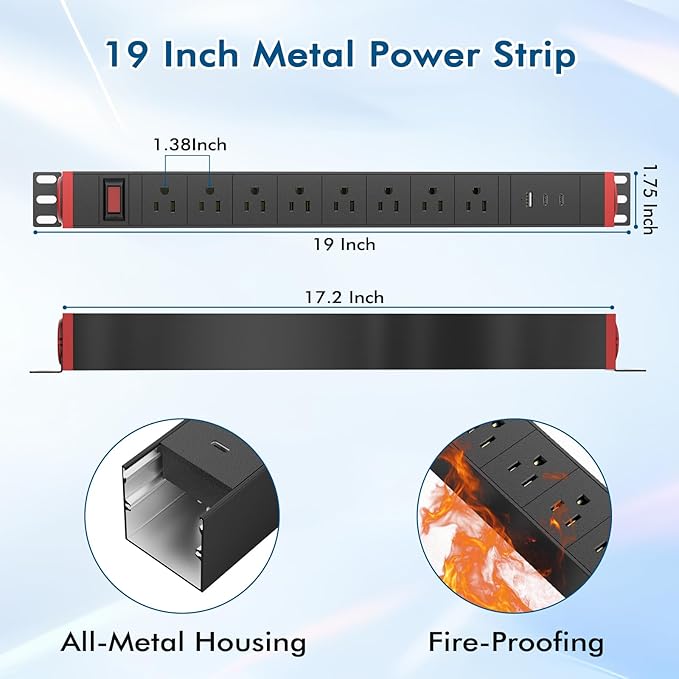 8 Outlet Surge Protector Power Strip,360° Rotatable Mounting,PD 20W USB C Fast Charging, Mountable Powerstrip Metal with 5FT Colied Cord for Home Office Industrial Garage Commercial