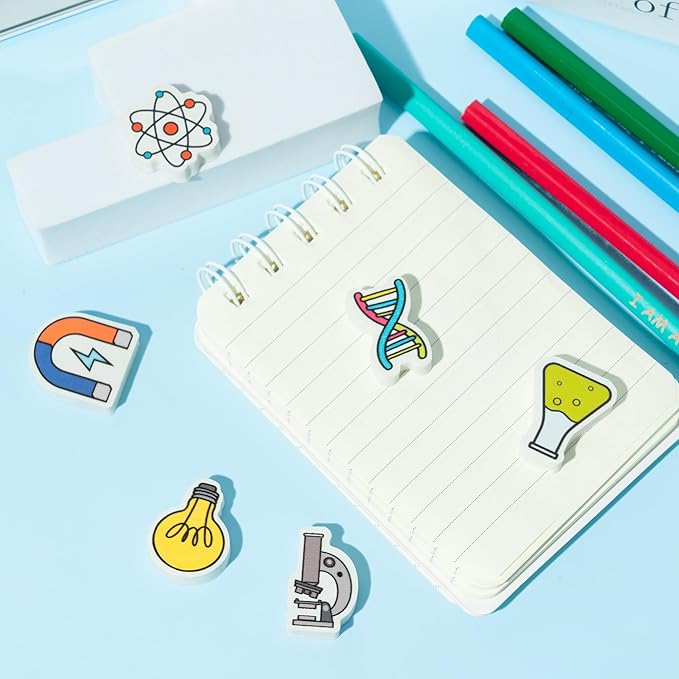 ANGOLIO Science Mini Eraser - 60P Summer Back to School for Kids Bulk Novelty Including microscopes U Shaped Magnets Lamp Bulb Pattern Pencil Eraser for Student Homework Summer Reward Classroom Prizes