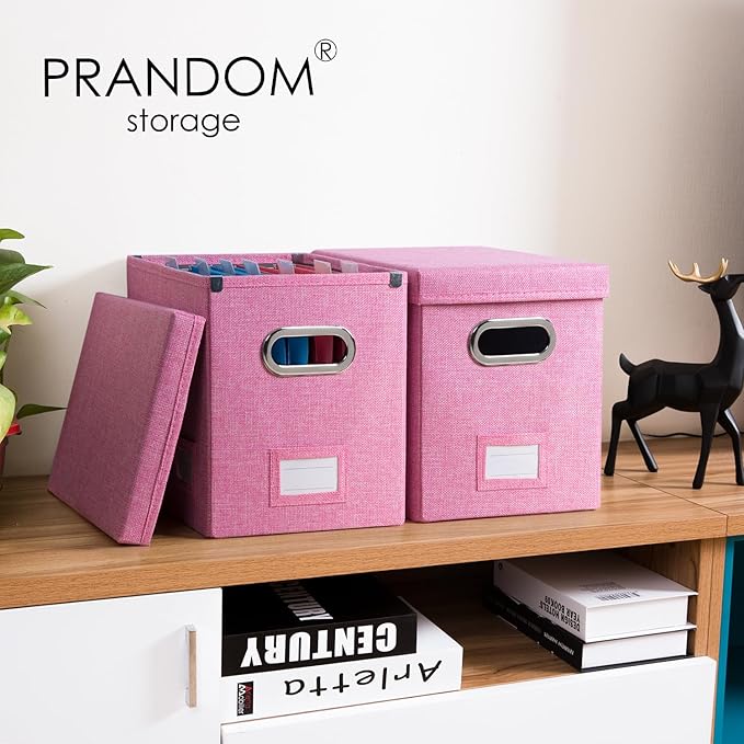 PRANDOM File Organizer Box - Set of 2 Collapsible Decorative Linen Filing Storage Hanging File Folders with Lids Office Cabinet Letter Size Pink (14x9.3x10.8 inch)