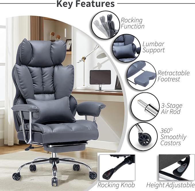 Efomao Big and Tall Office Chair with Footrest, 400LBS PU Leather High Back Executive Office Chair with Lumbar Support, Wide Computer Chair for Home Office, Dark Grey