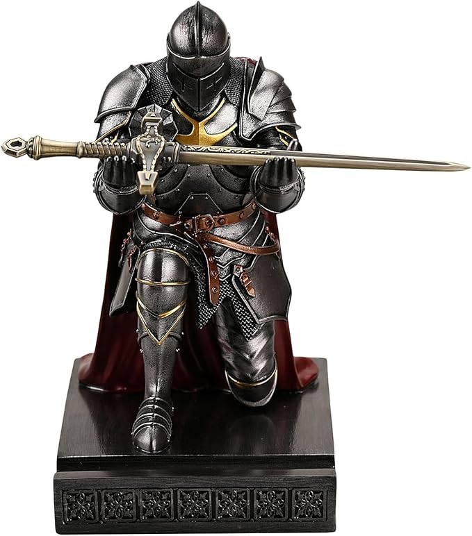 Medieval Armored Warrior Wearing Outerwear, Mobile Phone Stand Knight Pen Holder Desk Organizers, Resin Bookends Paperweight with a Letter Opener for Desk (Iron)