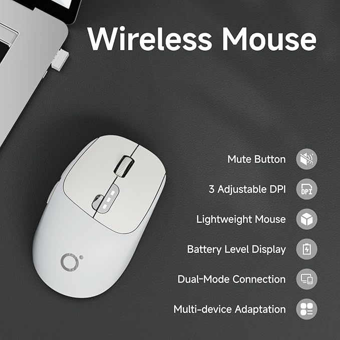 EWEADN Q5 Wireless Mouse, Bluetooth & 2.4G Quiet Computer Mouses with 1600 DPI, Battery Level Display, Ergonomic Office Mouse,6 Button Portable Cute Cordless Mice for Laptop/PC/Mac- Grey