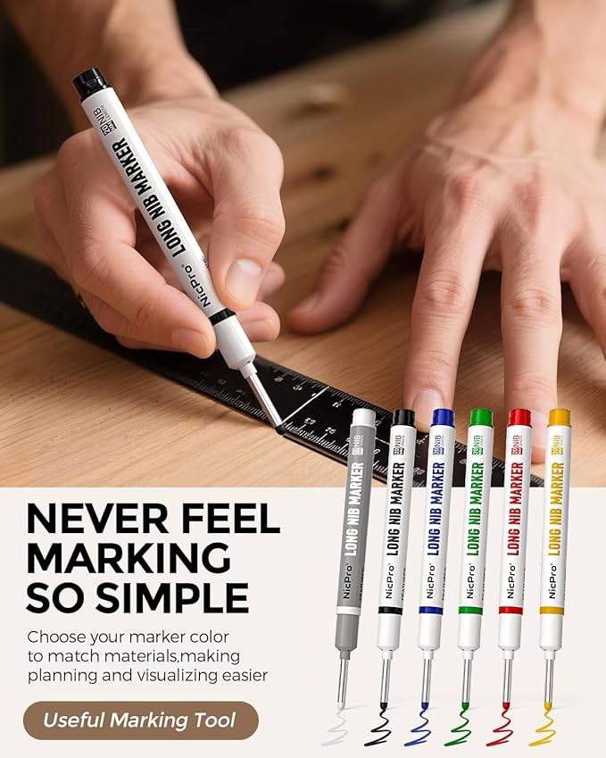 Nicpro 6 PCS Long Nib Marker Pens, 20mm Deep Hole Marker, Quick Dry & Waterproof Construction Markers, Long Head Markers for Metal, Steel, Tile, Glass, Carpenter Marking Pen for Woodworking (Colorful)