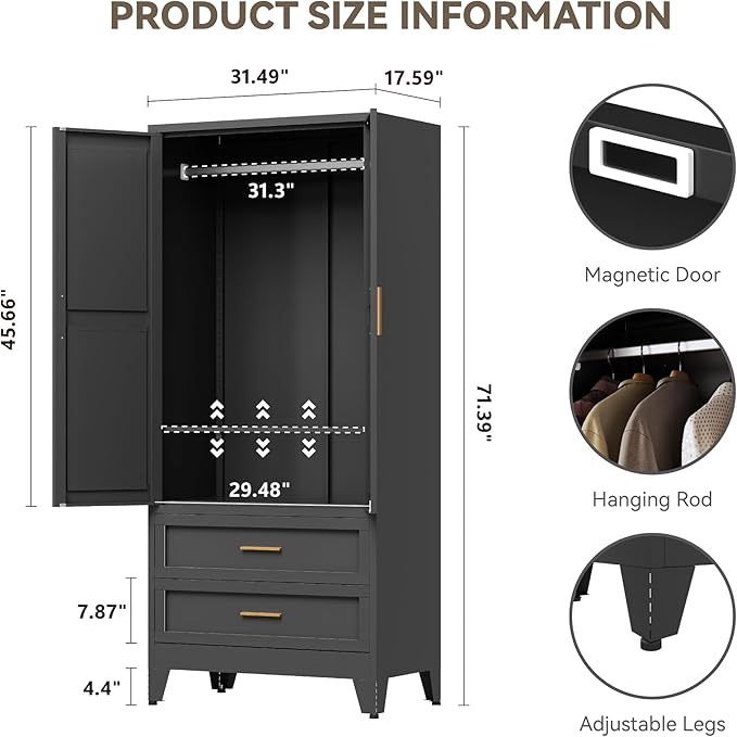 Metal Wardrobe Cabinet with Hanging Rod,71" Armoire Wardrobe Closet with Adjustable Shelves,Farmhouse Metal Clothing Storage Cabinets for Bedroom,Office,Employee,Laundry Room(Black)