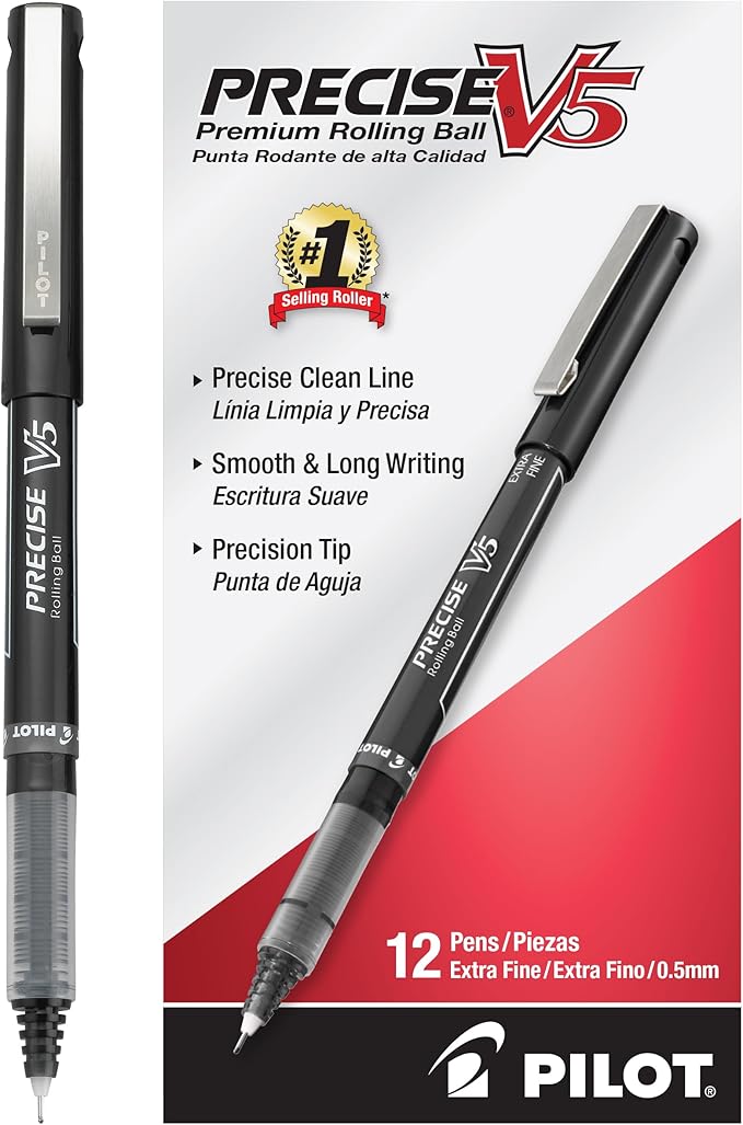 Pilot Precise V5 Rollerball Pens, Extra Fine Point 0.5 mm Black Pen, Black, Pack of 12