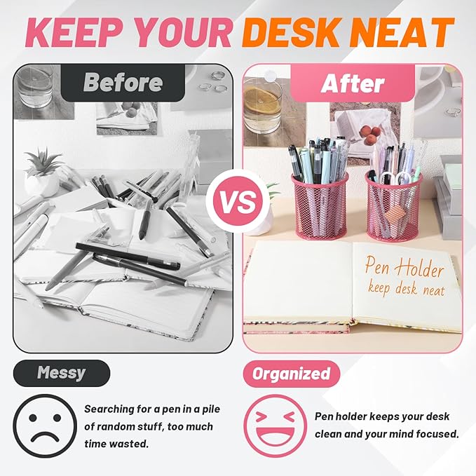 Segarty Pen Cup, 6 Pack Cute Dark Pink Pen Holder, Round Mesh Pencil Holder for Desk, Desktop Accessories Organizer for Office Supply, School, Home Storage, Makeup Brush Organization