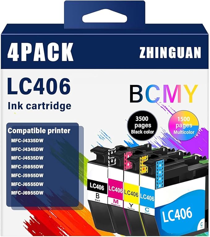 Remanufactured LC406BK LC406C LC406M LC406Y for LC406 Ink Cartridges MFC-J4335DW MFC-J4345DW MFC-J4535DW MFC-J5855DW MFC-J5955DW MFC-J6555DW MFC-J6955DW Ink Cartridge (4-Pack)