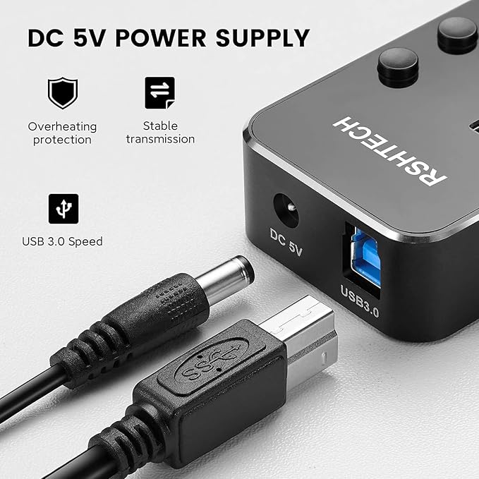 USB 3.0 Hub, RSHTECH 7 Port Powered USB Hub Expander Aluminum USB 3.0 Data Port hub with Universal 5V AC Adapter and Individual On/Off Switches USB Splitter for Laptop and PC(Black)