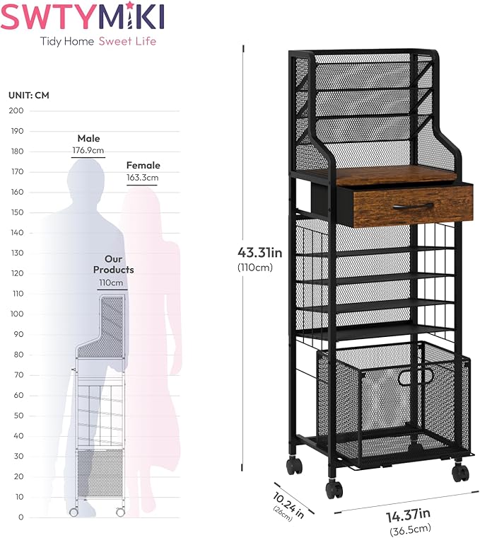 SWTYMIKI 10-Tier Rolling File Cart - Mesh Paper Organizer with Drawer and Hanging File Folders on Lockable Wheels, Wood Teacher Cart for Office Organization, Storage in Home, Studio, School, Espresso