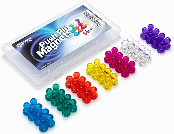 56 Colorful Magnets for Whiteboard | 7 Assorted Color Strong Push Pin Magnets | Perfect Magnetic Push Pins to use as Refrigerator Magnets, Whiteboard Magnet, Classroom Magnet
