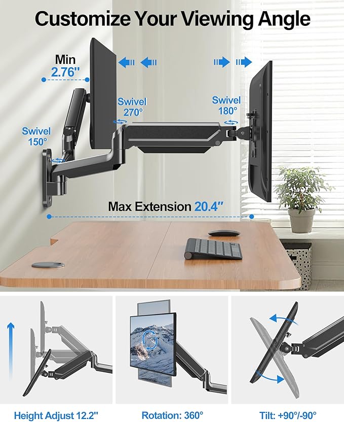 MOUNTUP Dual Monitor Wall Mount for 2 Max 32 Inch Computer Screen, Fully Adjustable Gas Spring Double Monitor Arm, Wall Mounted Monitor Holder Support 4.4-19.8lbs Display, VESA Bracket 75x75, 100x100