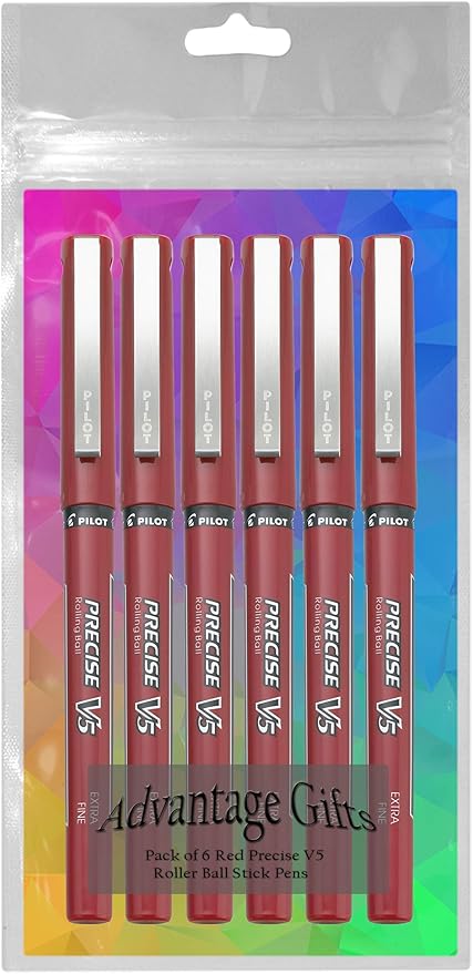 Precise V5 Stick Rolling Ball Pens, Extra Fine Point (.5mm), Red Ink, 6-pk; Bundle with Plastic Reusable Pouch