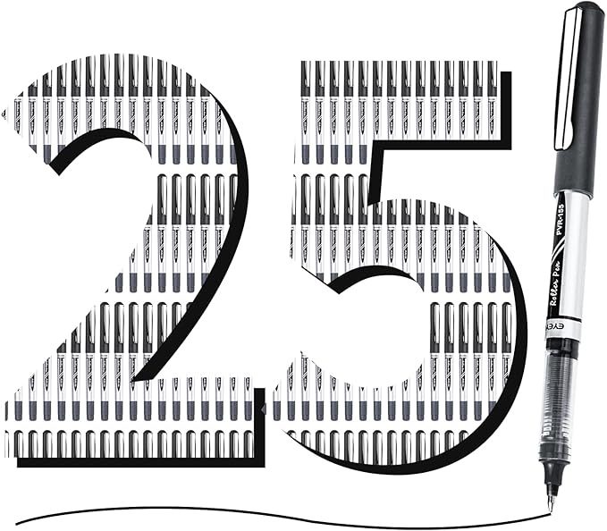 EYEYE 0.7mm Black Roller Ball Pens 25 Pack, Medium Point Rollerball Pen Quick Dry, Liquid Ink Pens Fine Point Smooth Writing Pens for Journaling, Note Taking, Office and School Supplies
