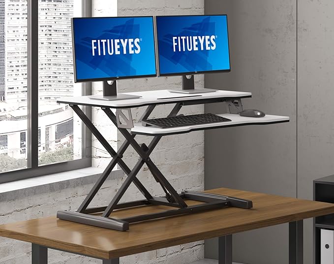 FITUEYES Height Adjustable Standing Desk 32” Wide Sit to Stand Converter Stand Up Desk Tabletop Workstation for Laptops Dual Monitor Riser White SD308003WW