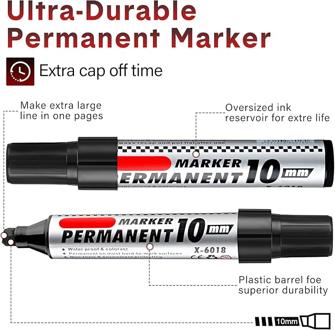 Thenshop 24 Pack Jumbo Size Permanent Markers Bulk Permanent Marker Set Chisel Tip Pens Waterproof for Industrial Use Work on Wood Metal Plastic Stone Glass(Black)