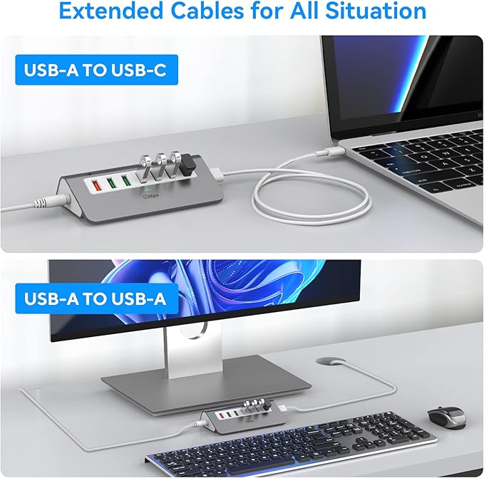 Powered USB Hub 10Gbps, Aluminum 7 Port USB 3.2 Data Hub with 4 USB 3.2 Gen 2 Ports, 3 Fast Charging Ports, 30W Power Adapter, Type A & C Cable for Mac, PC, Laptop