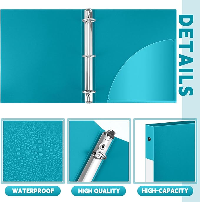 Henoyso 36 Pcs 3 Ring Binder 1/2'' Round Fits Letter Size 8. 5'' x 11'' Paper Plastic Flexible Binder Holds 100 Sheets with 1 Pockets Versatile Organizer for Office Home School (Turquoise)