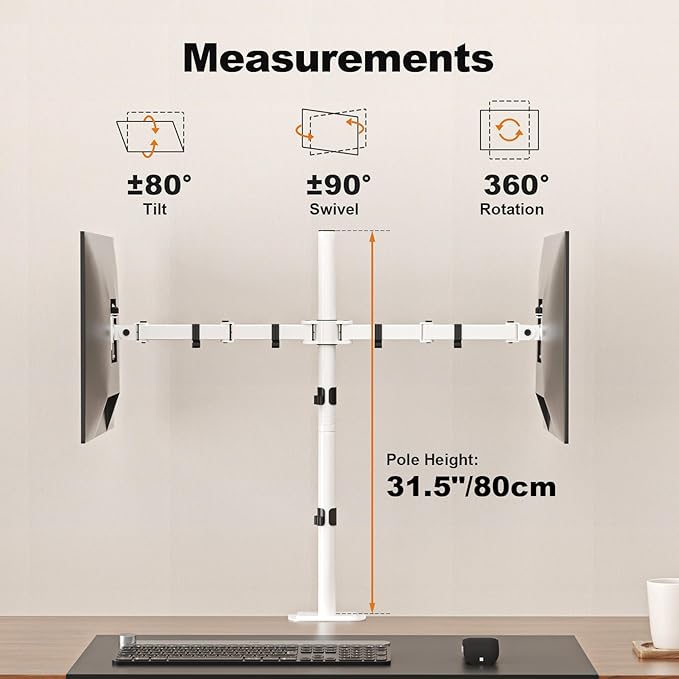 Suptek Dual LED LCD Monitor Stand up Desk Mount Extra Tall 31.5" Pole Heavy Duty Fully Adjustable Stand for 2 / Two Screens up to 27 inch,White (MD6842W)