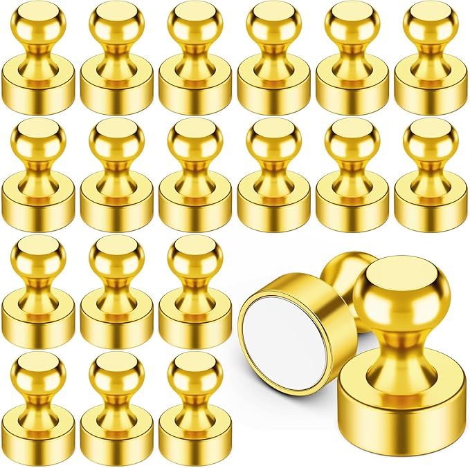 VNDUEEY 20 Pcs Refrigerator Magnets, Gold Metal Push Pin Magnets, Small Strong Magnets for Whiteboard, Fridge Magnets, Office Classroom Map Magnet
