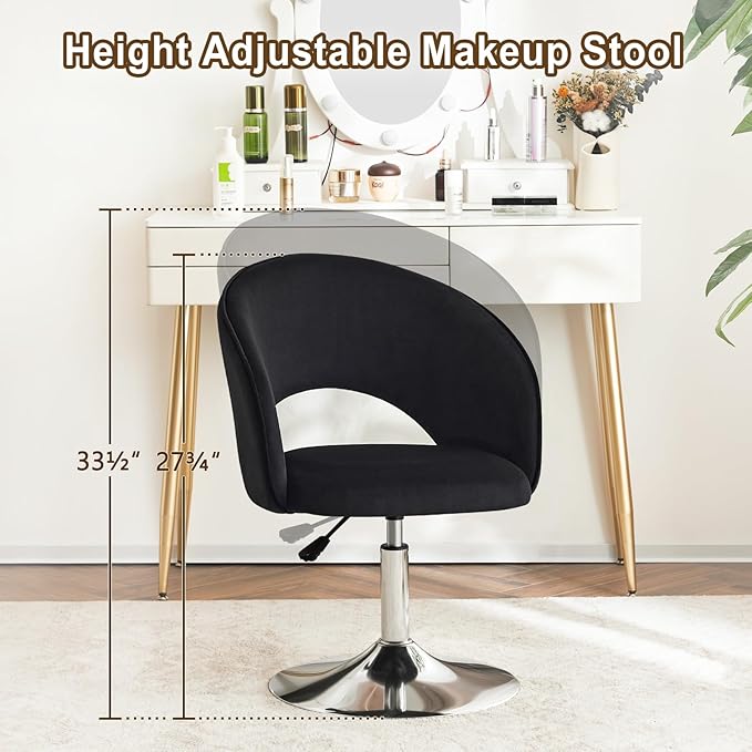 Furnimart Adjustable Black Vanity Chair with Back, Velvet Makeup Chair Swivel Accent Chair with Chrome Frame Hollow Backrest, Side Chair for Living Room, Makeup Room, Bedroom (Black)