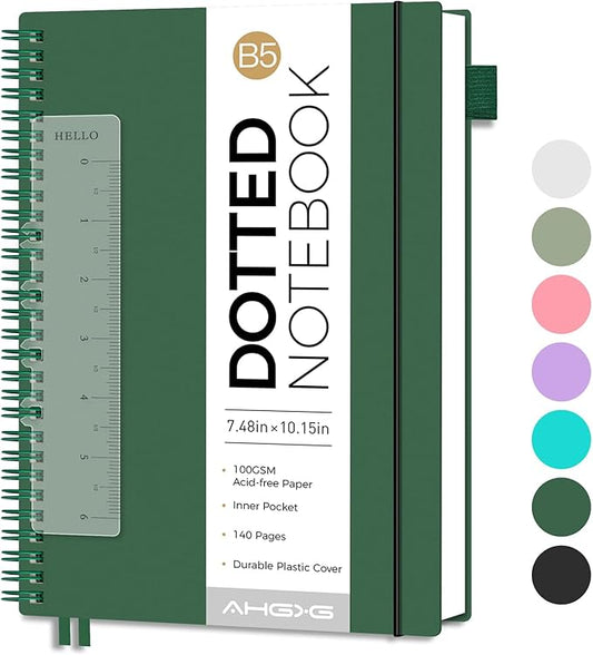 AHGXG Bullet Dotted Journal - Dot Grid Spiral Notebook B5, 140 Pages, 100 GSM Thick Paper, Waterproof Plastic Cover Journals for Bullet Journaling, Sketching, 7.6" x 10", Green