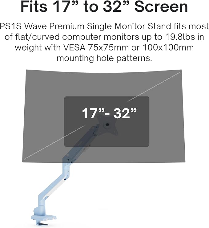 Pixio PS1S Wave Blue Single Monitor Arm Stand Desk Mount - Fits up to 32 inches Monitors and up to 19.8lbs. VESA Compatibility and Integrated Cable Management