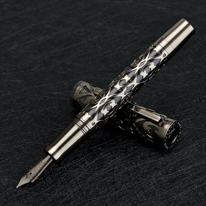 Hongdian D1 Piston Fountain Pen Fine Soft Nib, Jet Black Hollow Skeleton & Resin Pen with Metal Case Set