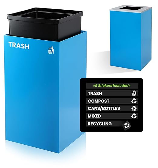 Alpine Commercial Indoor Recycle Bin with Lid - 29 Gallon Blue Recycle Bin Recycle Trash Can Office Recycling Bins, Metal Recycling Container with Stickers & 3 Optional Lids Sold Separately