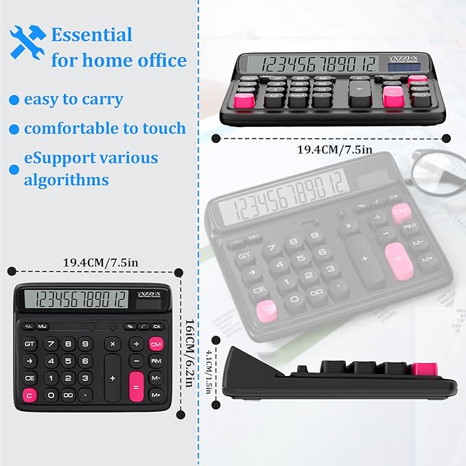 Desktop Calculator with Extra Large 5-Inch LCD Display, 12-Digit Two Way Power Solar & Battery Office Calculator with Big Buttons for Business, Accounting & Home Use(Black)