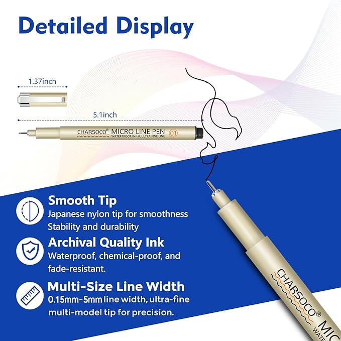 S Micro Pen, 6 Pack Black Fine Point Pen with Waterproof Archival Ink, 2mm Fineliner Ink Pens for Artist Illustration, Sketching, Anime, Manga, Technical Drawing and Scrapbooking