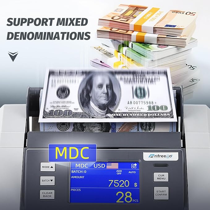 Money Counter Machine Mixed Denomination with Value Count, Touch Screen with 5 Currencies Suitable, MT/UV/MG/IR Counterfeit Bill Detection, 6 Modes Available Cash Counter with LCD Display