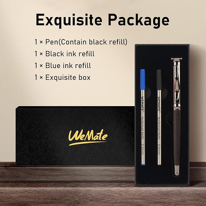 WEMATE Wood Rollerball Pen Set, Extra 2 Ink Refills(1 Black & 1 Blue), Fancy Writing Pen Nice Luxury Office Gift for Men, Professional, Executive, Cool Wooden Pen for Journaling - Blackwood