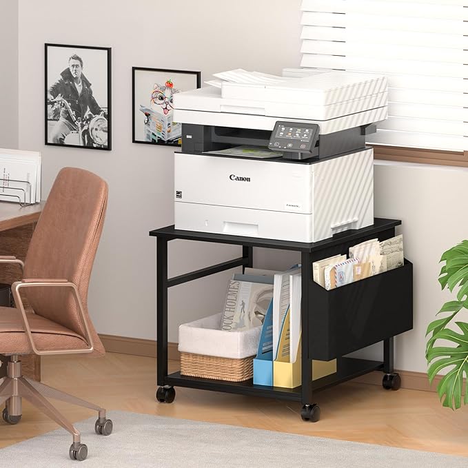 Lerliuo Large Printer Stand with Storage Shelf, 23.6 x 23.6 x 22.8 Industrial Printer Table for Home Office, Rolling Printer Cart Holder with Lockable Wheels, Mobile Mini Fridge Stand Table (Black)