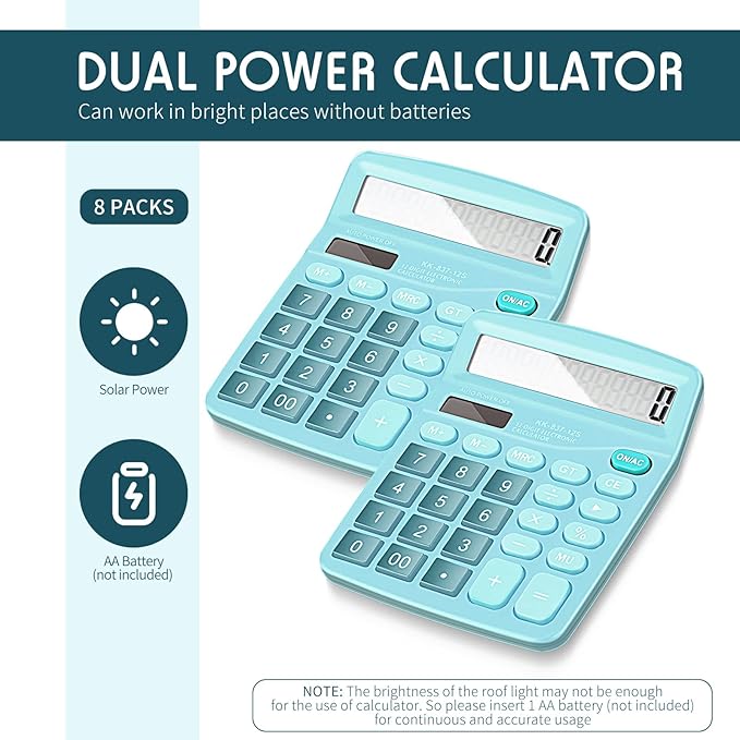 Konohan 8 Pieces 12-Digit Calculator, Solar Basic Desktop Calculator Large Display Electronic Dual Power Handheld for Home Office School(Blue)