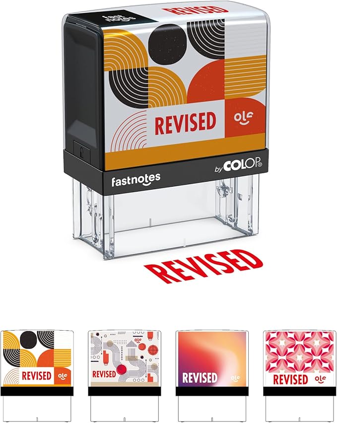 Fastnotes Revised Self-Inking Rubber Stamp by COLOP - Great for Office Documents, Notary, Warehouse, Accounting Paperwork, Business, and Legal Documentation - Red Ink (Revised- Red)