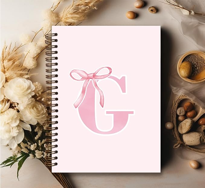 Coquette Trendy Preppy Pink Bow Spiral Notebook,Initial G Journal Personalized Teen Girl Gifts,Monogrammed Gifts for Women Teen Girl,College Ruled Hardcover Spiral Notebook 5.5 x 8.3