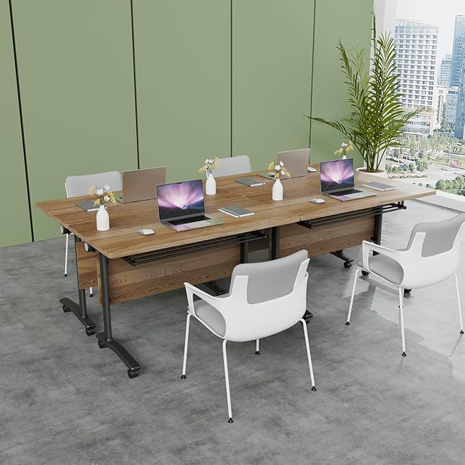 Folding Conference Table, Modern Conference Room Tables with Flip-Top Design, Foldable Conference Table Meeting Table with Wheels, Mobile Seminar Training Tables for Office Classroom (6, Walnut 2)