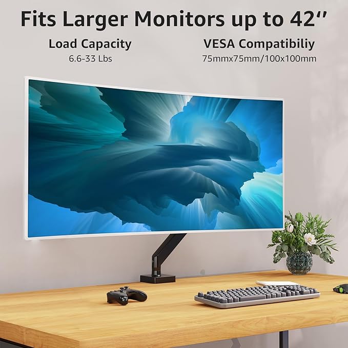 MOUNTUP Single Monitor Mount with USB Fits 42 40 35 32 27 24 Heavy Duty Widescreen, Gas Spring Monitors Stand for Desk, Holds 4.4-33 lbs Screen, Ultrawide Monitor Arm, VESA Mount Clamp/Grommet Base