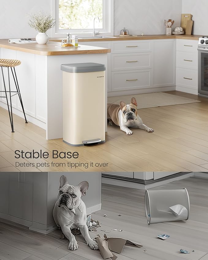 SONGMICS Kitchen Trash Can, 18-Gallon Stainless Steel Garbage Can, with Stay-Open Lid and Step-on Pedal, Soft Closure, Tall, Large and Space-Saving, Sand Beige and Dove Gray ULTB520A01