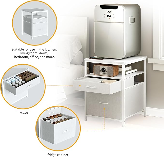 Mini Fridge Stand with 3 Storage, Mini Fridge Cabinet, Beverage Fridge Table, Heavy Duty 21.3" L* 22.7" W Tabletop, for Dorm, Apartment,Office, Bedroom White HB01BXW