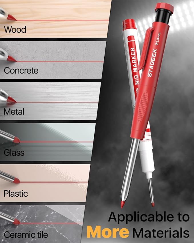 4PCS Carpenter Pencils with Sharpener, Heavy Duty Woodworking Pencils, Mechanical Carpenter Pencil with 52 Refills, Deep Hole Long Nib Marker Pens for Architect Construction Marking with Case