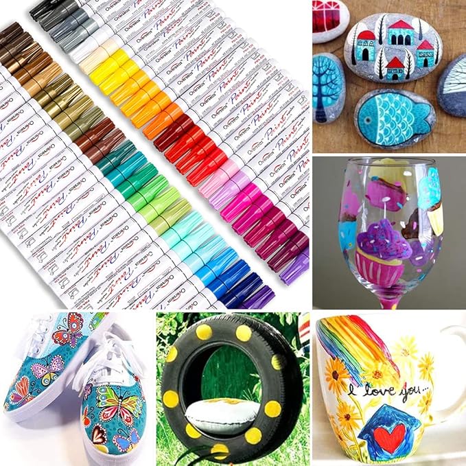 Paint Marker Pens - 48 Colors Permanent Oil Based Paint Markers, Medium Tip, Quick Dry and Waterproof Assorted Color Marker for Metal, Wood, Plastic, Rock Painting, Stone, Canvas, Glass, Ceramics